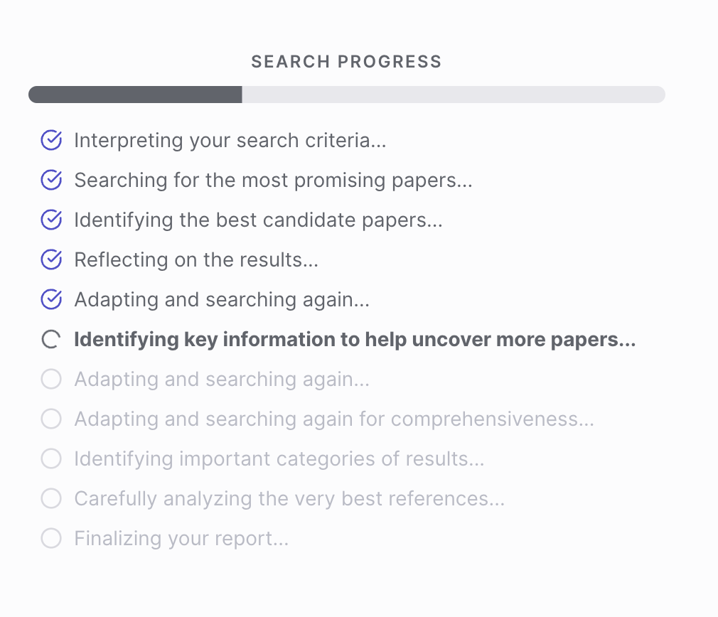 Undermind search progress bullet list