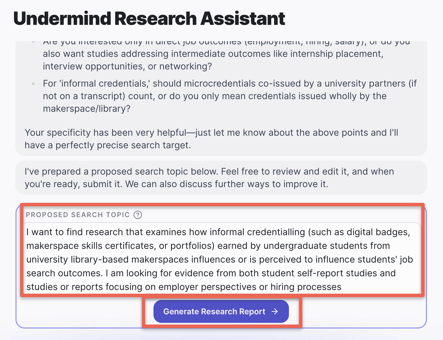 Image showing the Generate Research Report dialogue box.