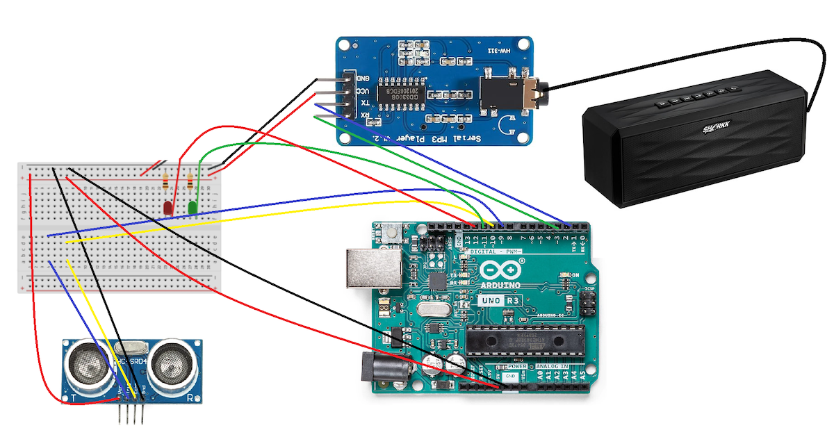 Arduino with ultrasonic seinsor mp3 board, led lights and powered speaker