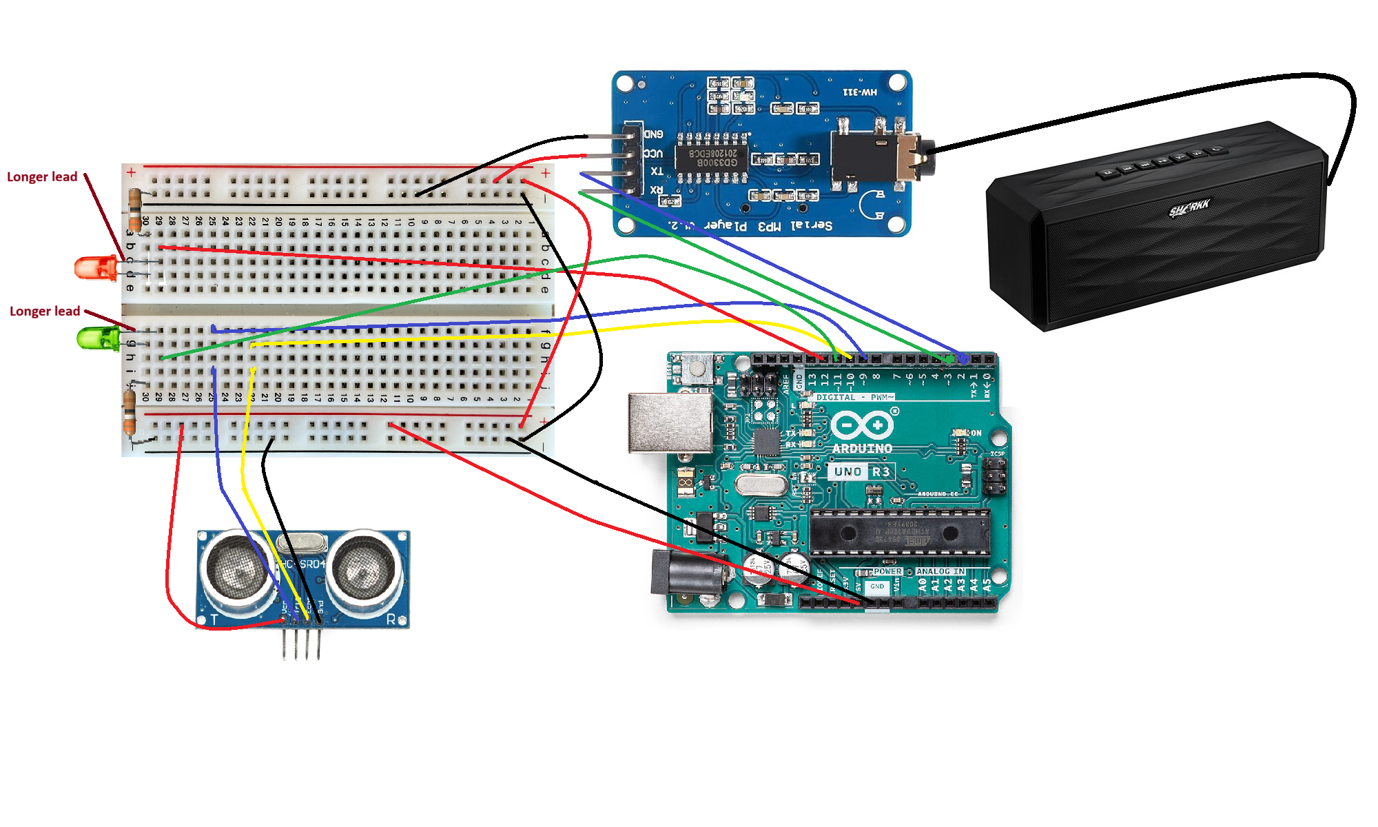 Arduino with ultrasonic seinsor mp3 board, led lights and powered speaker
