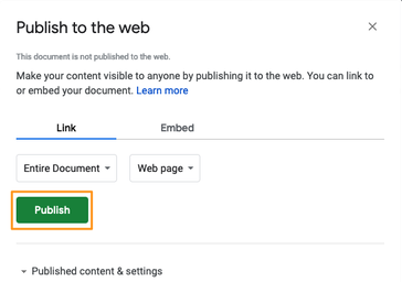 Publish spreadsheet to the web