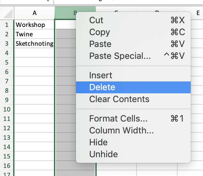 Demonstration of clicking delete to erase a column.