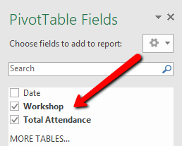 Selecting workshops and total attendance checkboxes.