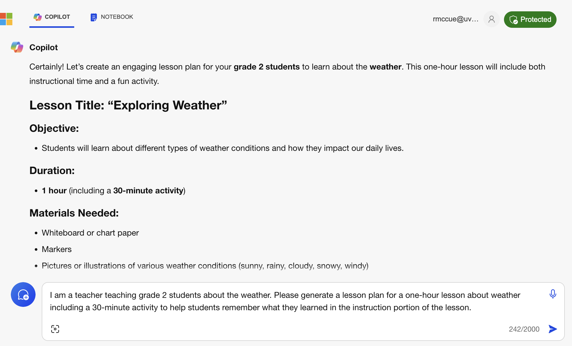 An image of Copilot with a weather lesson prompt example