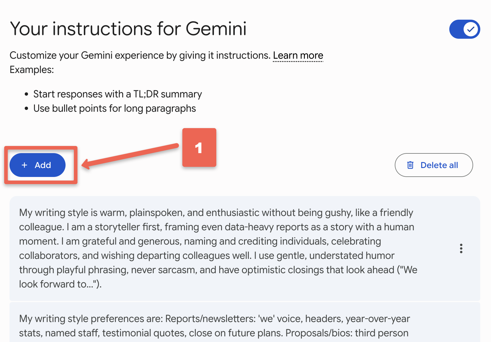 Adding the style guide to Gemini's Saved info