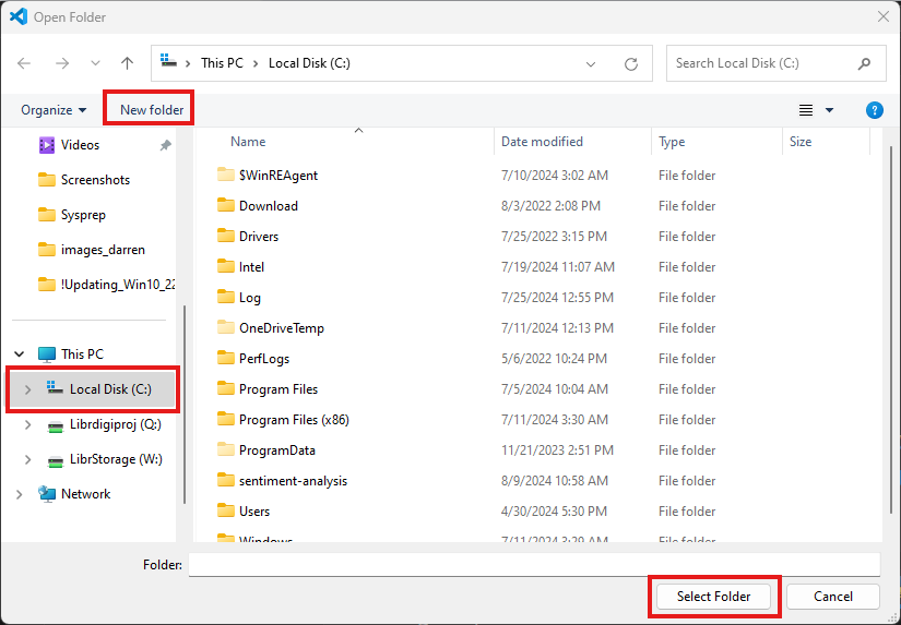 Create a project folder on a Windows computer