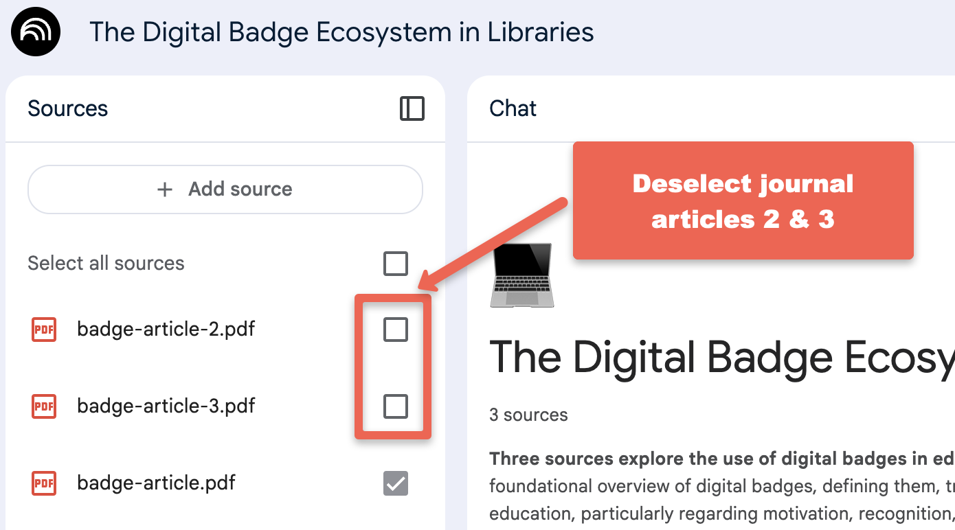 NotebookLM deselect articles