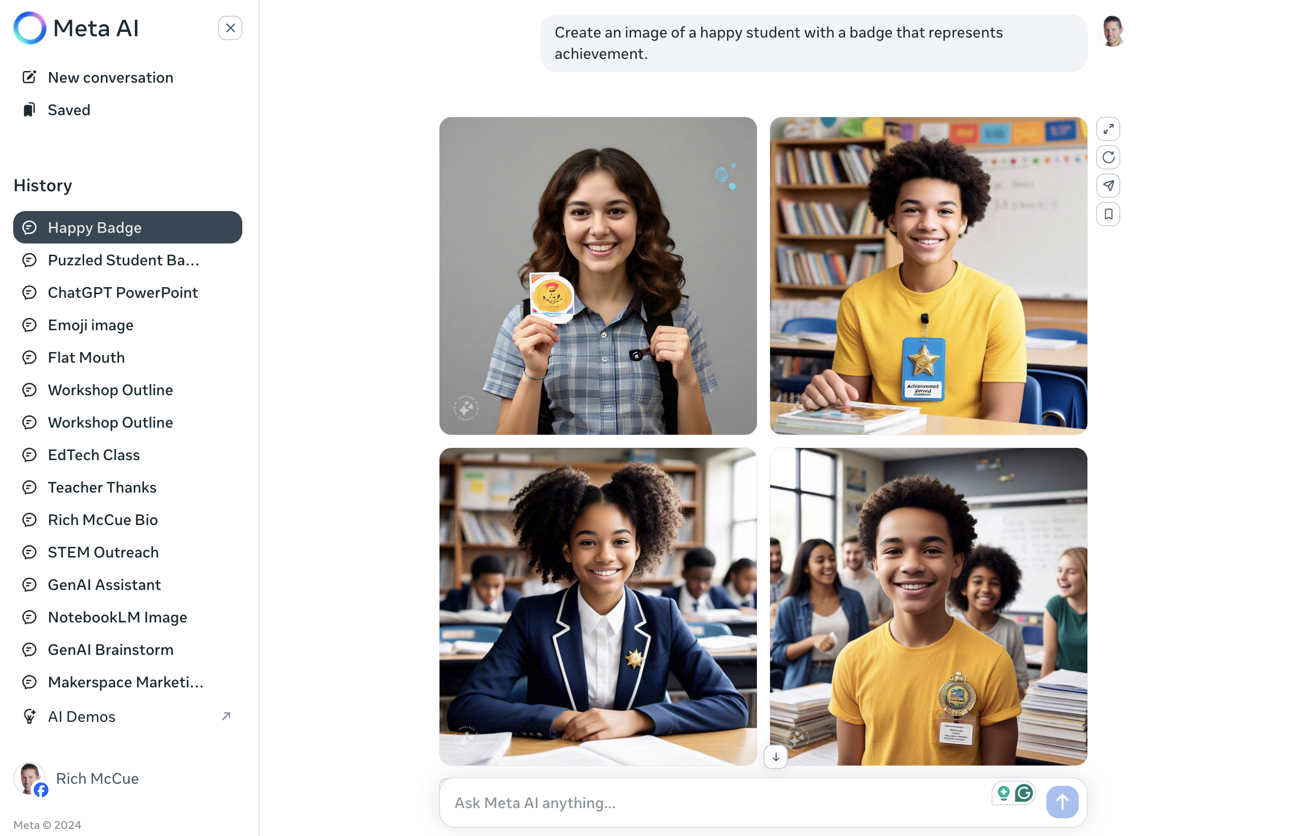 Meta.ai creating images of students with badges