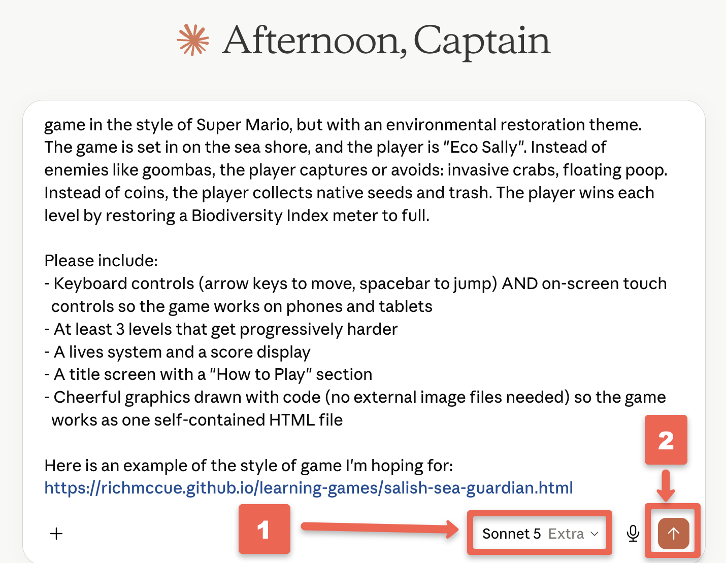 Annotated screenshot of the prompt pasted into the GenAI chat box, with an arrow pointing to the square-bracket sections that need to be customized and another arrow pointing to the send button