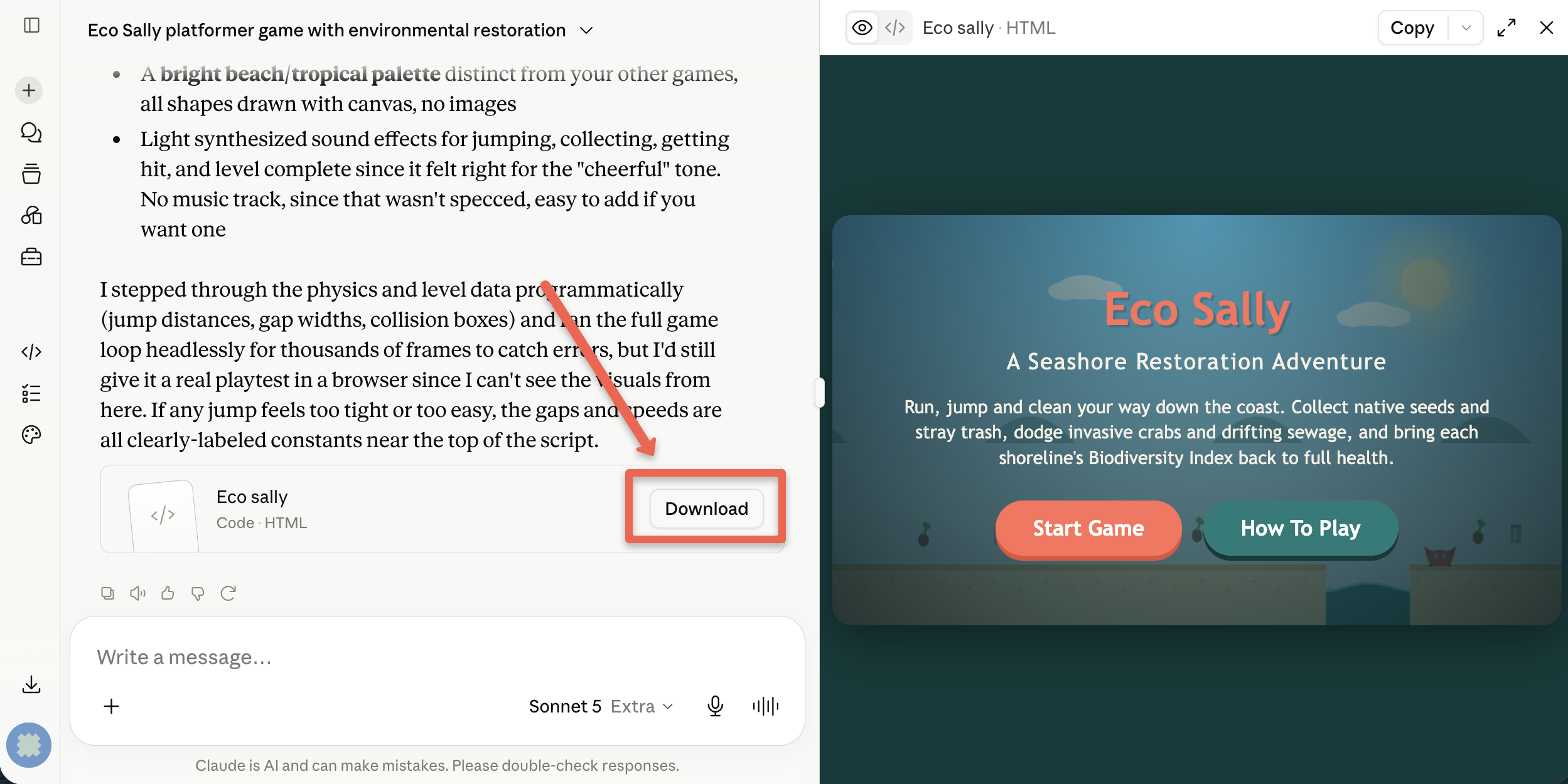 Annotated screenshot of the Artifact window with an arrow pointing to the Download button, and a second panel showing the downloaded HTML file opened in a browser