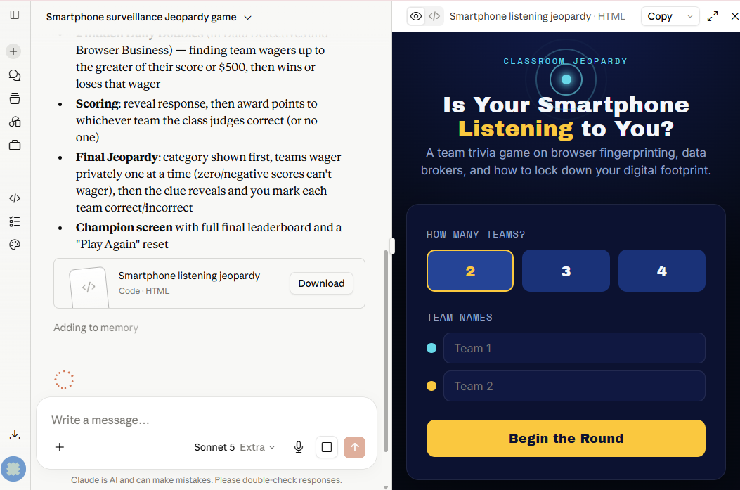 Screenshot of Claude generating the Jeopardy game code with the live preview pane
