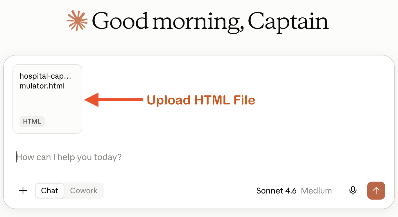 Screenshot of the Claude.ai home screen with the HTML file uploaded