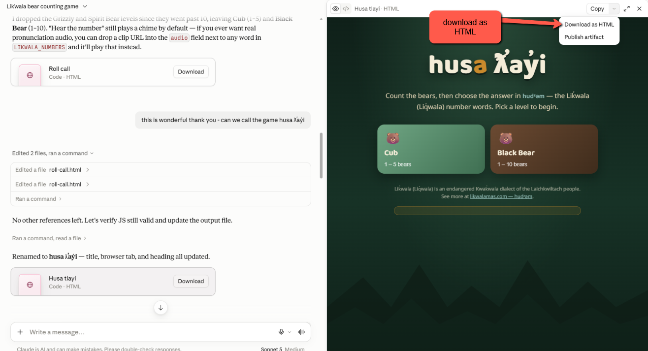 Screenshot of the Claude preview pane showing the counting game, with the download button highlighted