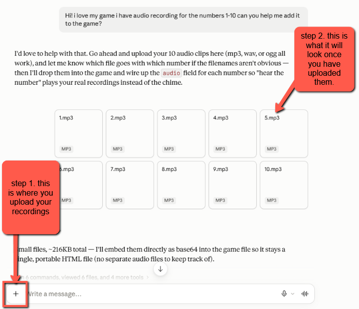 Screenshot of the Claude preview pane showing the counting game, with the download button highlighted