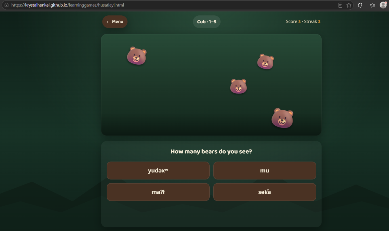 Screenshot of the finished game running in a browser during a round, with score and streak visible