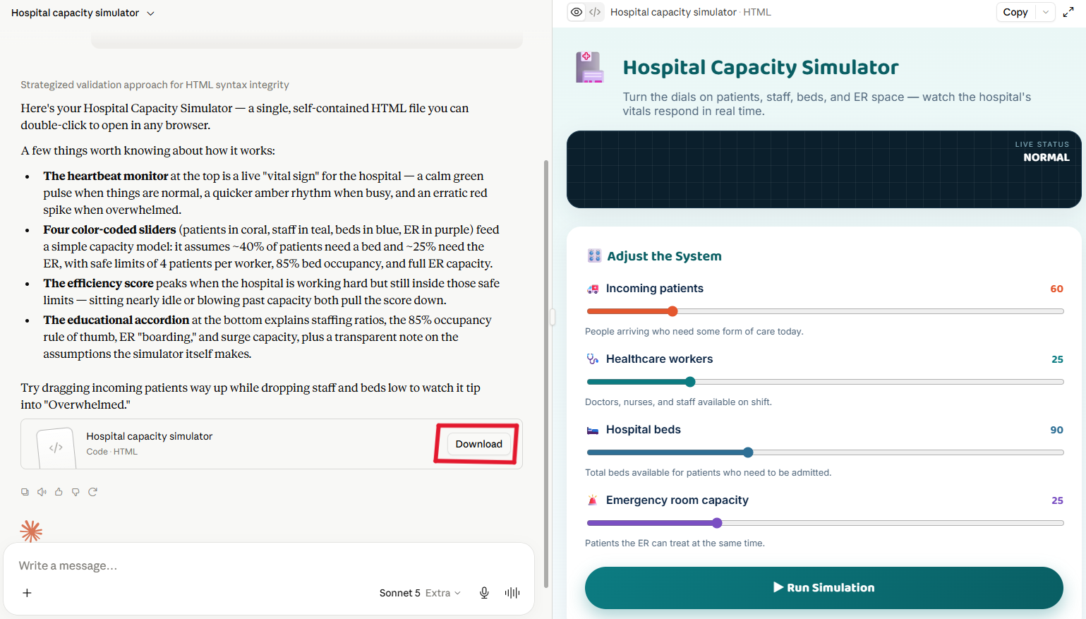 Annotated screenshot of the Artifact window with an arrow pointing to the Download button, and a second panel showing the downloaded HTML file opened in a browser