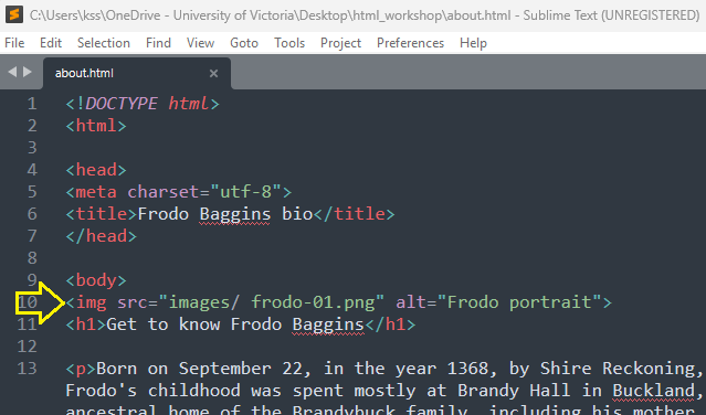 example of image tag in HTML page in Sublime Text editor