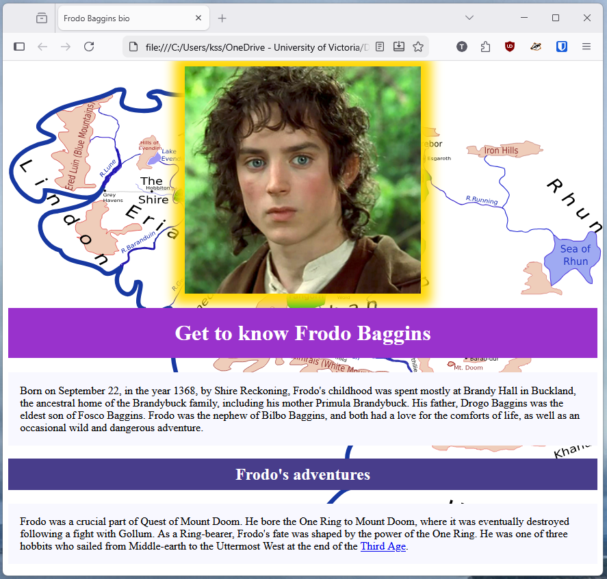 example Frodo bio page after CSS