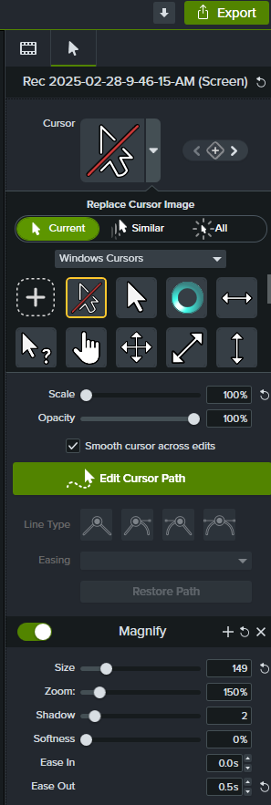 Cursor settings options
