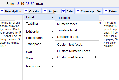 opening the facet filter menu