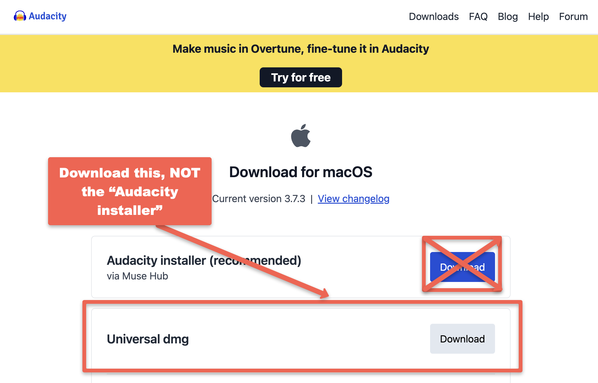 Choosing the correct Audacity download link