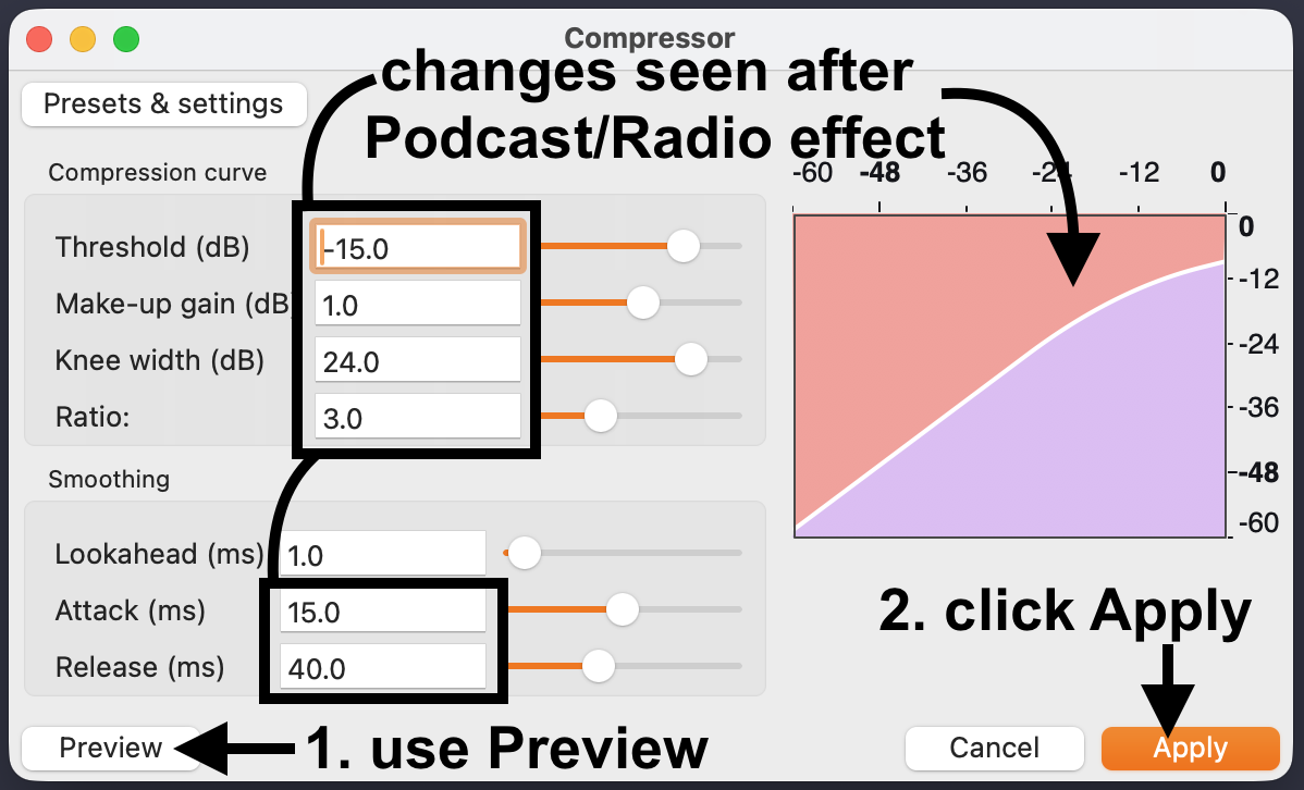 Audacity Compressor preview process