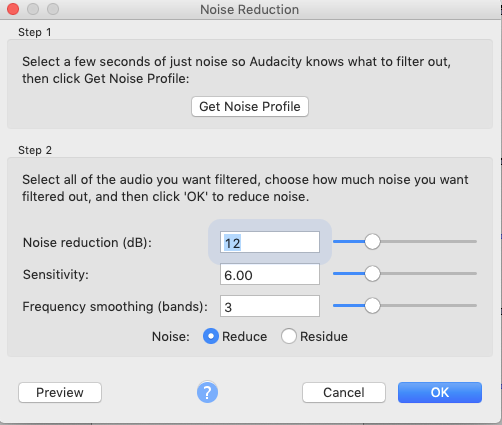 noise reflection editing menu