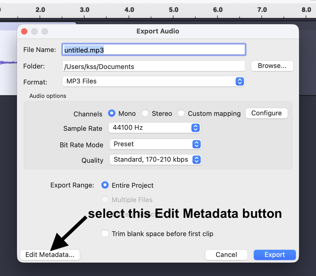 Audacity's edit metadata button location