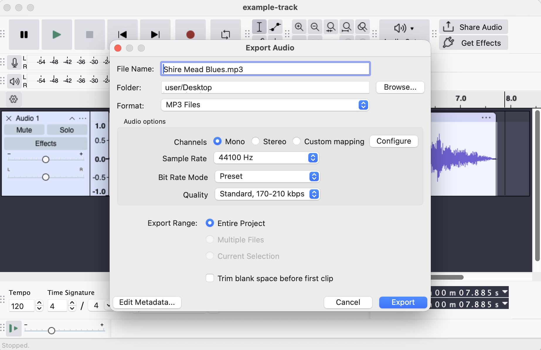 Audacity's export dialog settings
