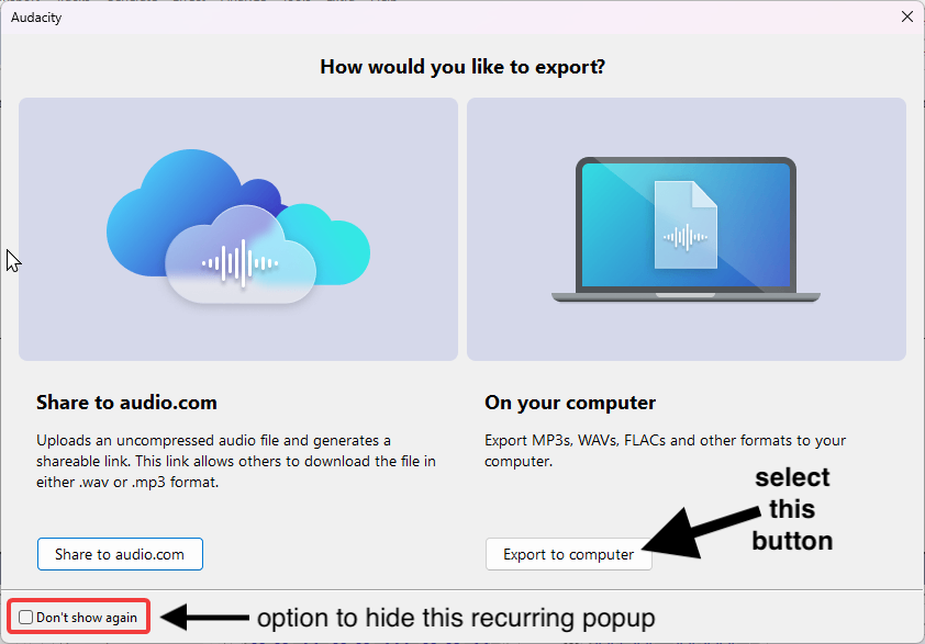 Audacity's export file popup choices