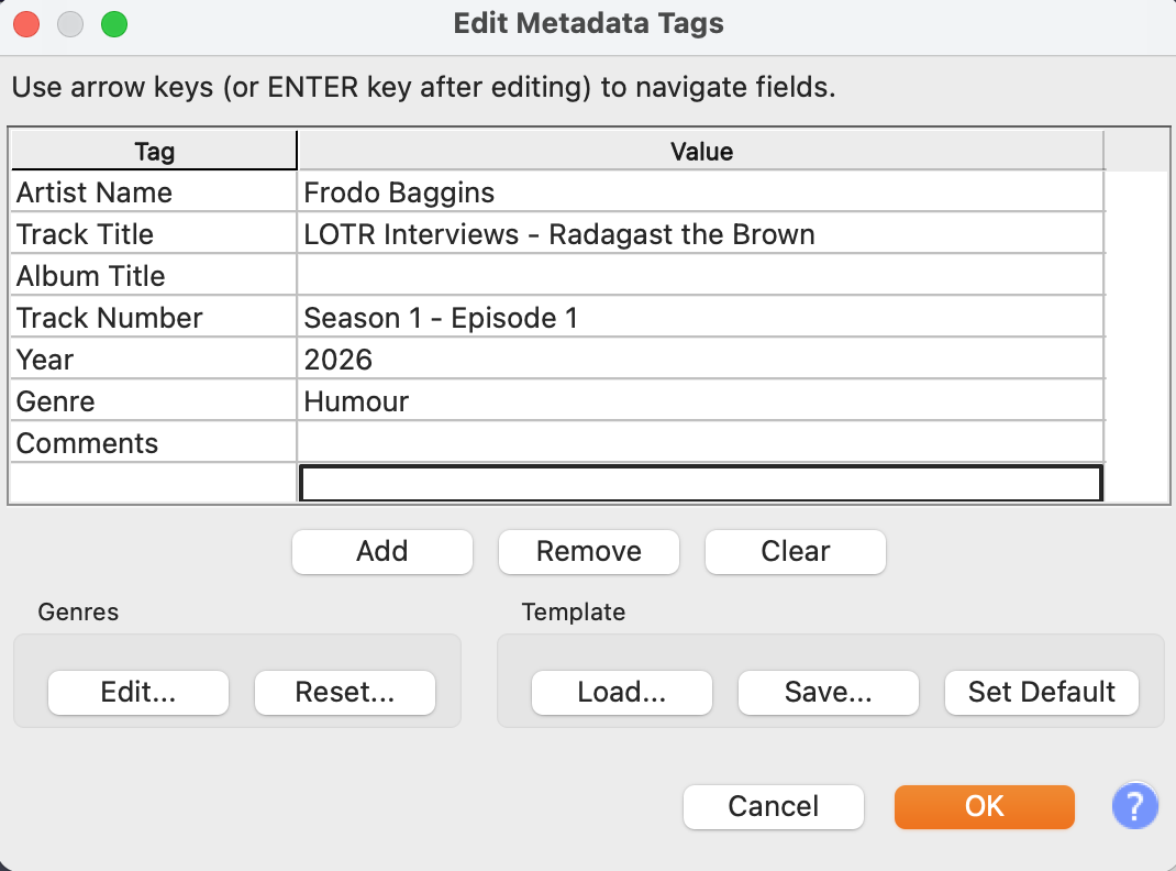 Audacity metadata example