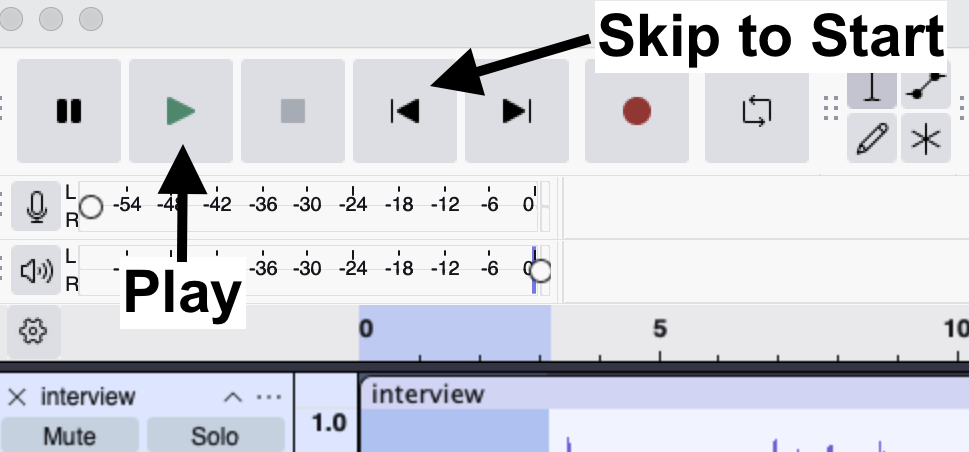 Audacity's skip to start and play buttons