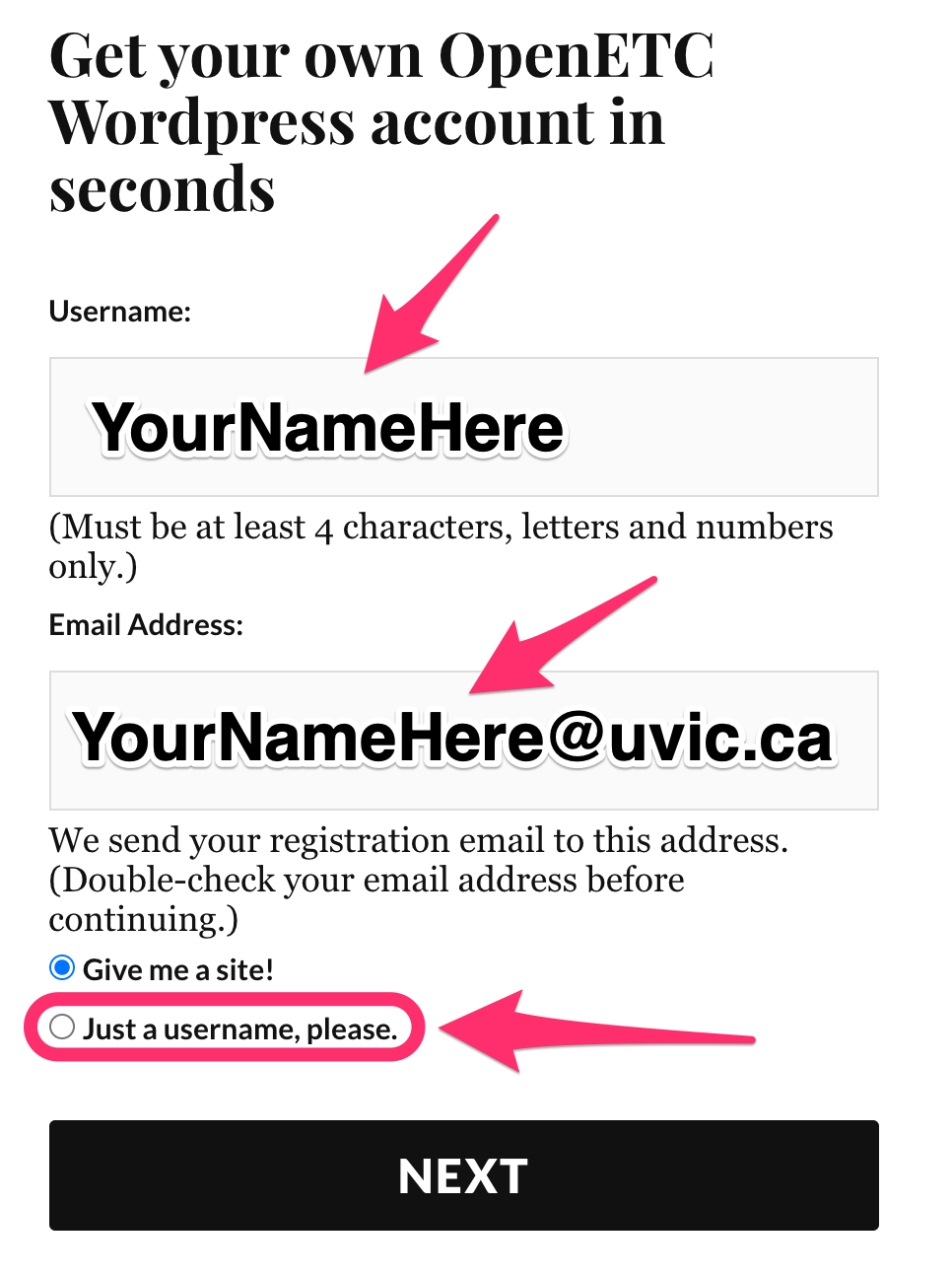 Completing the form with username and uvic email
